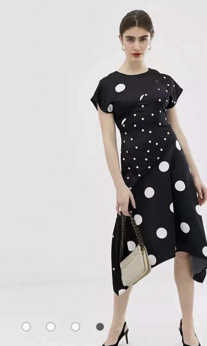 Warehouse Black White Polka Dot Hanky Hem Asymmetric Satin Cut Out Midi Dress 10